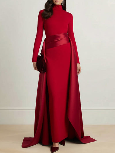 Bodycon Elasticated Waist Asymmetric Solid Color Split-Joint High Neck Maxi Dresses