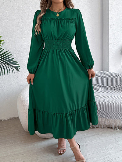 A-Line Elasticated Waist Pleated Solid Color Round-Neck Maxi Dresses