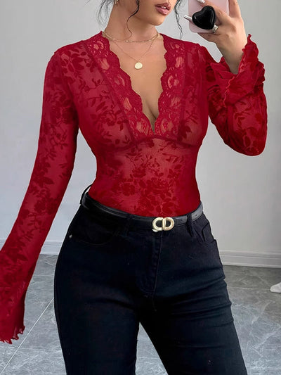 Flared Sleeves Long Sleeves Solid Color Deep V-Neck T-Shirts