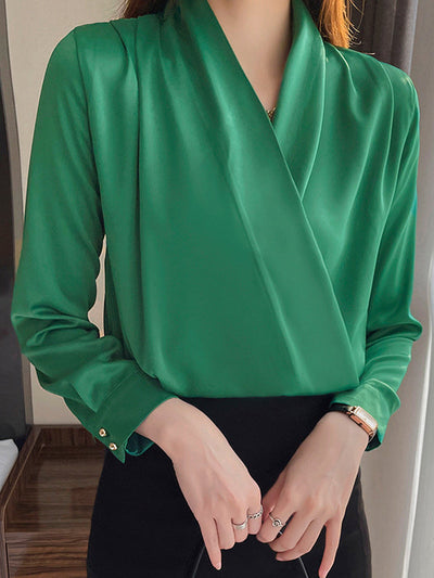 Long Sleeves Loose Buttoned Solid Color V-Neck Blouses&Shirts Tops