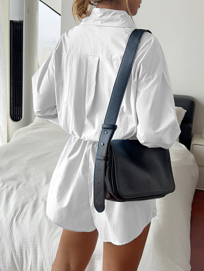 High Waisted Long Sleeves Buttoned Pleated Solid Color Split-Joint Lapel Rompers
