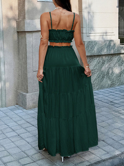 Solid Color Pleated Cropped Ruffled Spaghetti-Neck + A-Line Skirts Bottoms Top Two Pieces Set