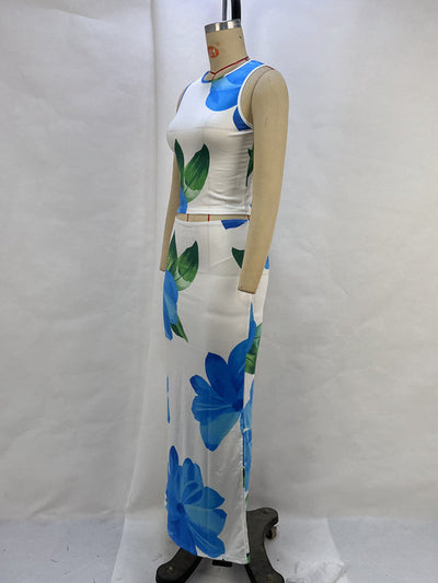 Sleeveless Flower Print Round-Neck Vest Top + Bodycon Skirts Bottom Two Pieces Set