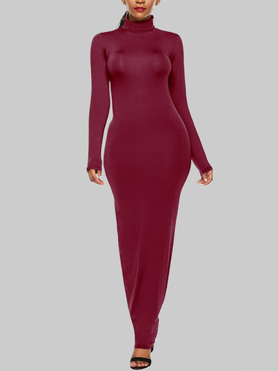 Bodycon Long Sleeves Solid Color High Neck Maxi Dresses