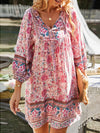 A-Line Loose Contrast Color Flower Print Pleated V-Neck Mini Dresses