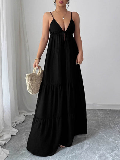 A-Line Sleeveless Backless Drawstring Pleated Solid Color Spaghetti-Neck Maxi Dresses