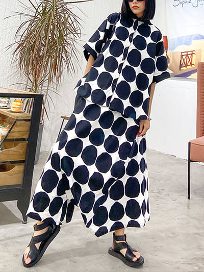 Batwing Sleeves Buttoned Polka-Dot Round-Neck Shirts Top + Elasticity Pockets Harem Pants Pants Bottom Two Pieces Set