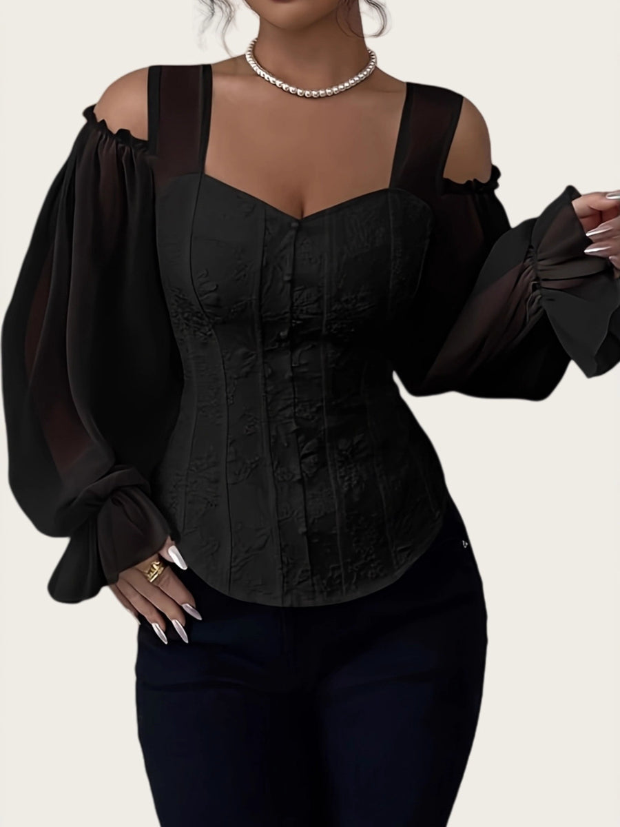 Flared Sleeves Long Sleeves Elasticity Hollow Jacquard Solid Color Split-Joint Cold Shoulder Blouses&Shirts Tops