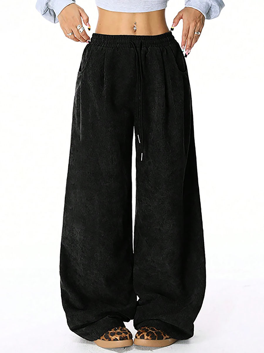 High Waisted Wide Leg Drawstring Elasticity Pockets Solid Color Pants Trousers