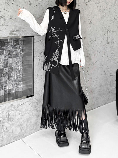 Sleeveless Asymmetric Buttoned Embroidered V-Neck Vest Top