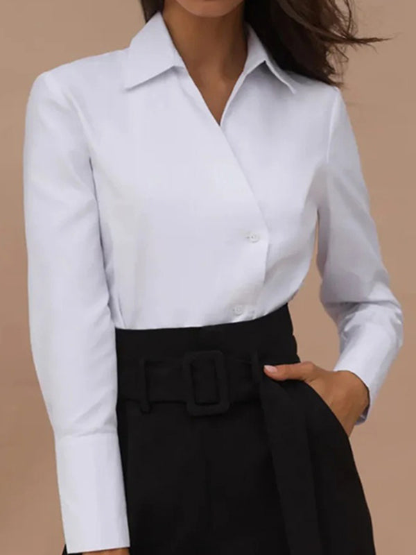 Long Sleeves Loose Solid Color Split-Joint Lapel Blouses
