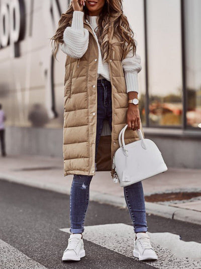 Hooded Sleeveless Buttoned Drawstring Keep Warm Solid Color Split-Joint Zipper Padded Coat Vest Outerwear