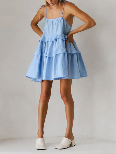 A-Line High Waisted Backless Layered Pleated Solid Color Spaghetti-Neck Mini Dresses