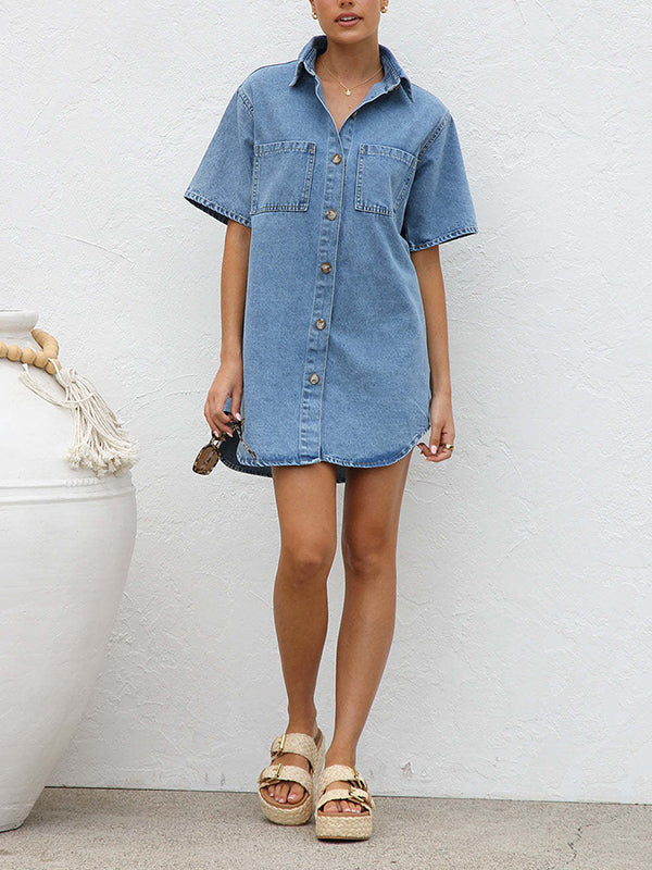 Loose Short Sleeves Split-Joint Lapel Mini Dresses Shirt Dress