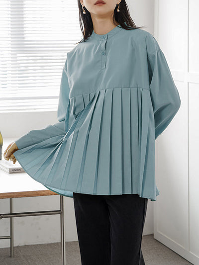 Long Sleeves Loose Buttoned Pleated Solid Color Round-Neck Blouses&Shirts Tops