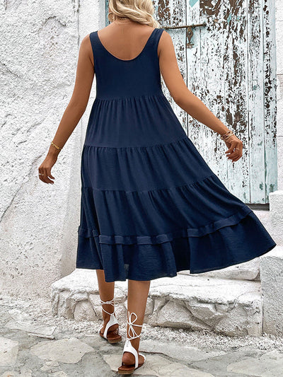 Loose Sleeveless Buttoned Solid Color Tiered Round-neck Midi Dresses
