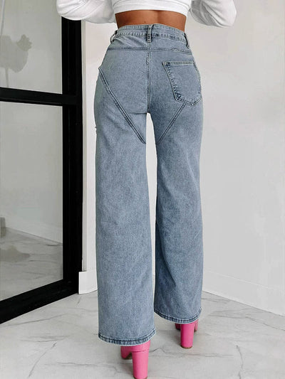 High Waisted Straight Leg Ripped Split-Joint Jean Pants Bottoms