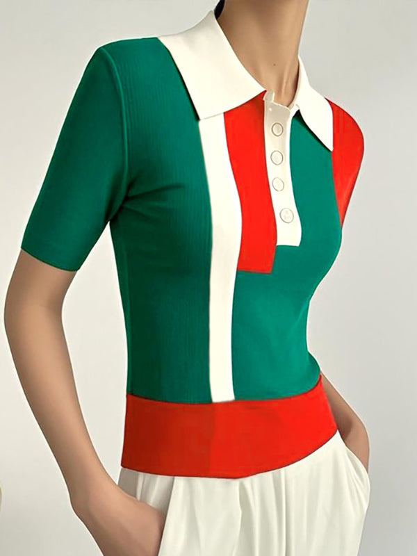 Short Sleeves Skinny Buttoned Contrast Color Lapel Polo-Style T-Shirts Tops
