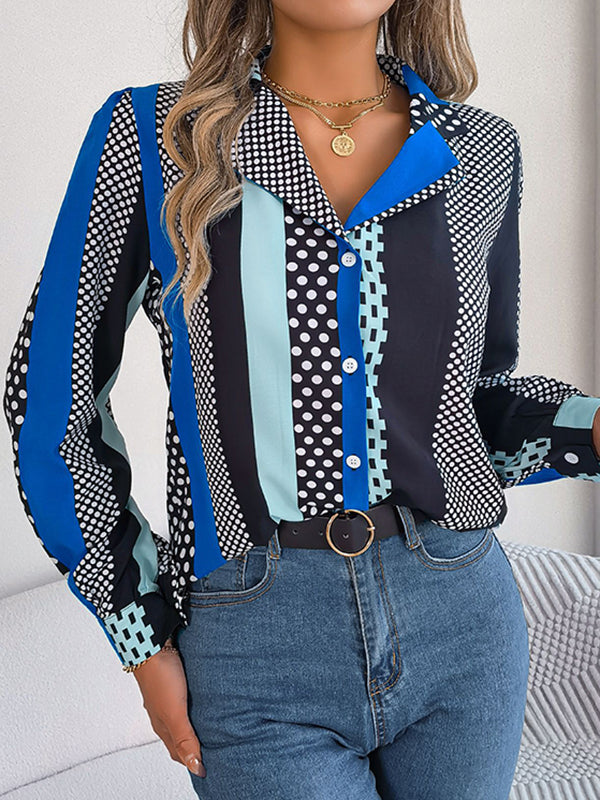 Long Sleeves Buttoned Contrast Color Polka-Dot Notched Collar Blouses&Shirts Tops