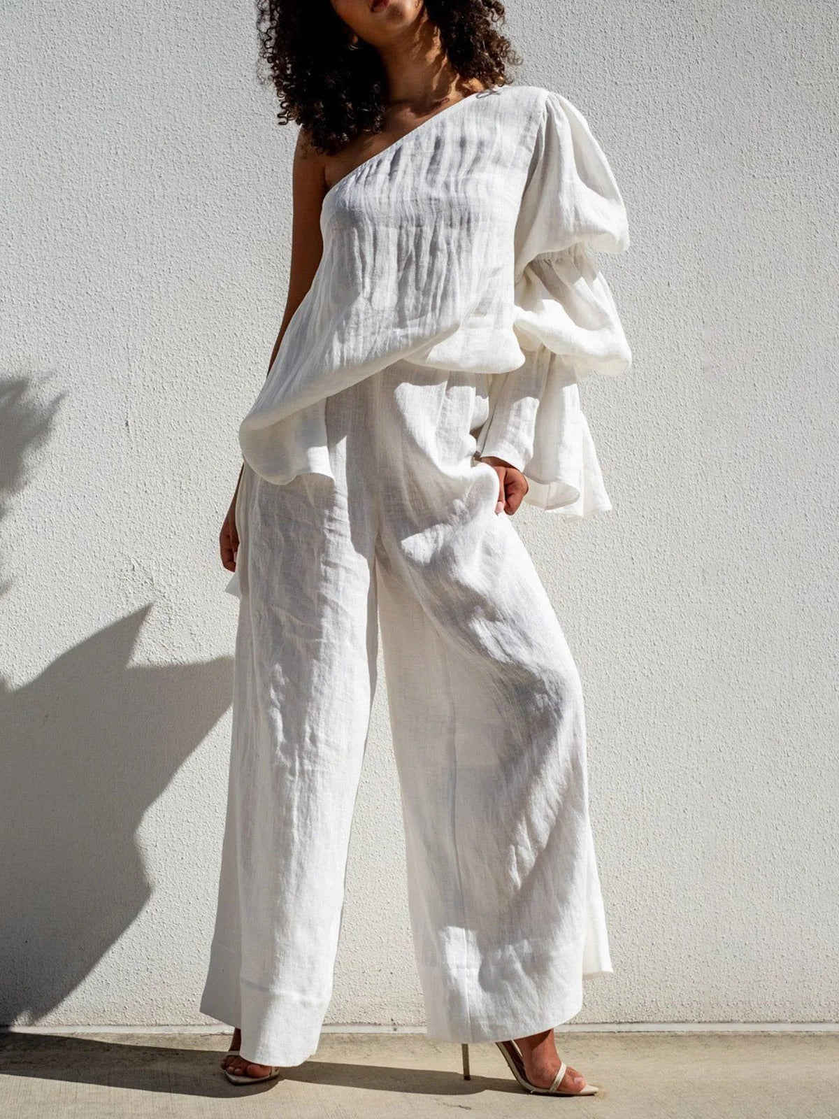 Flared Sleeves Loose Asymmetric Elasticity Pleated Solid Color Split-Joint One-Shoulder Blouses&Shirts Tops