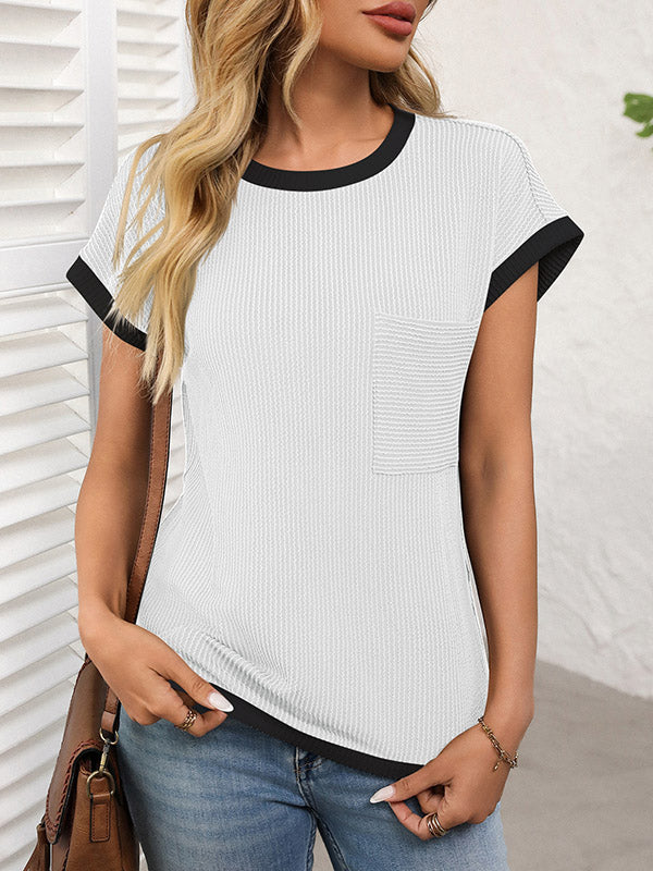 Loose Short Sleeves Colorful Contrast Color Pockets Round-neck T-Shirts Tops