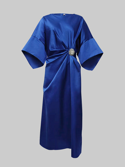 Loose Three-Quarter Sleeves Asymmetric Pleated Split-Joint Round-Neck Maxi Dresses