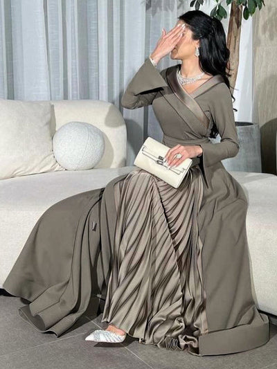 A-Line Wrap Pleated Solid Color Split-Joint V-Neck Maxi Dresses
