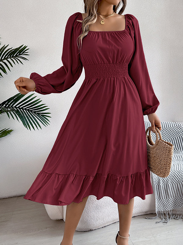 A-Line Elasticated Waist Pleated Ruffled Solid Color Square-Neck Midi Dresses