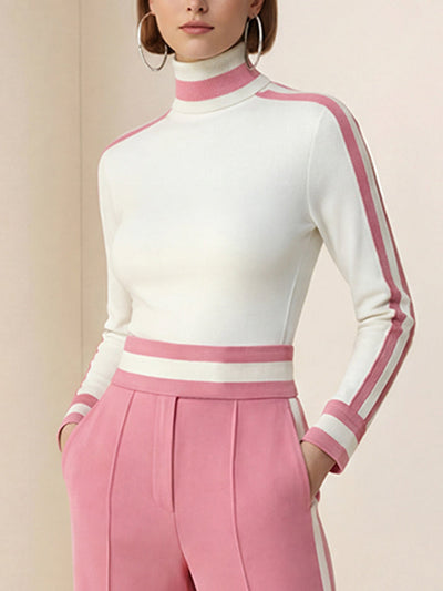 Long Sleeves Skinny Contrast Color Split-Joint Striped High Neck T-Shirts Tops