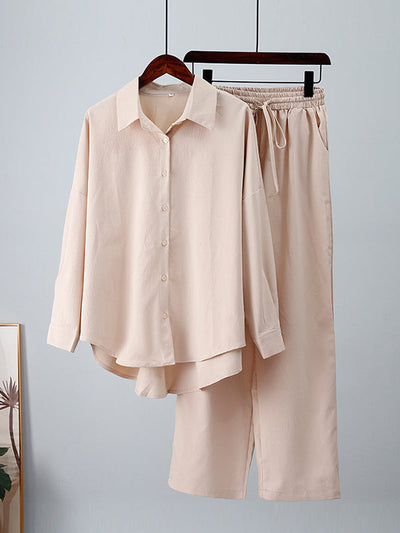 Solid Color High-Low Long Sleeves Lapel Blouses + Drawstring Pants Two Pieces Set