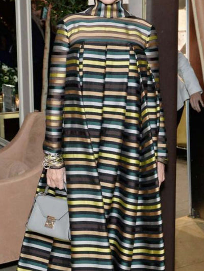 Long Sleeves Loose Multi-Colored Pleated Striped High Neck Maxi Dresses