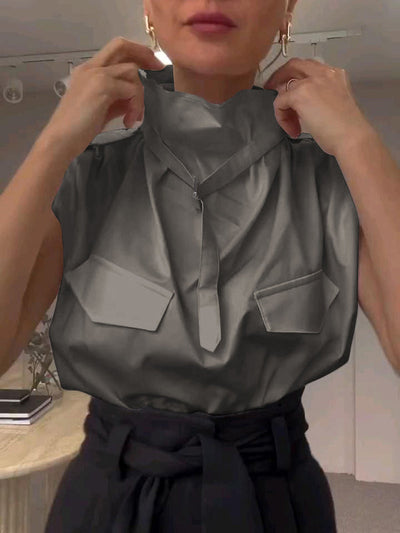 Loose Sleeveless Buckle Solid Color Stand Collar Blouses&Shirts Tops