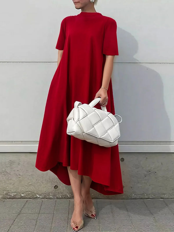 High-Low Short Sleeves Solid Color Maxi Dresses