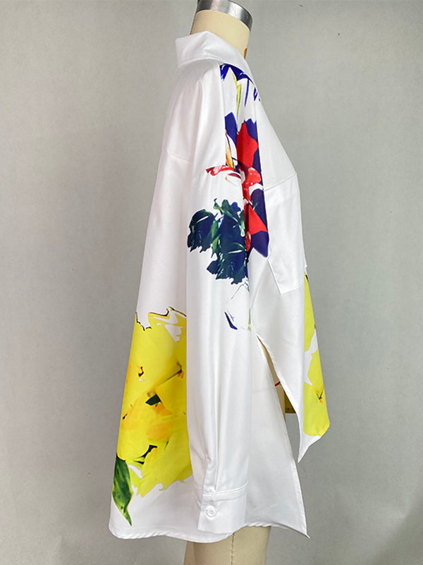 High-Low Long Sleeves Buttoned Flower Print Pockets Split-Side Stand Collar Blouses&Shirts Tops