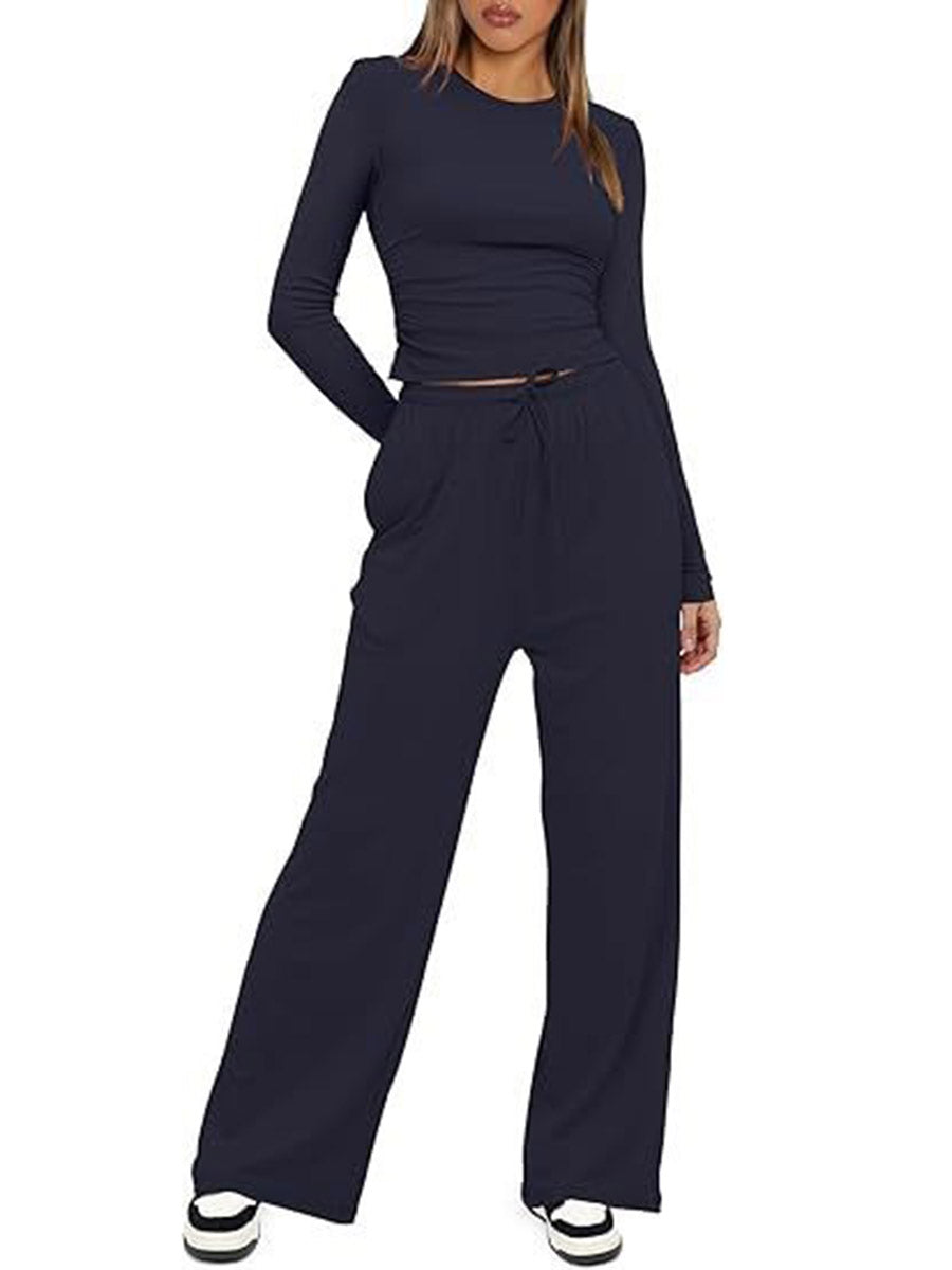 Solid Color Pleated Round-Neck T-Shirts Tops +  Elasticated Waist High Waisted Drawstring Pants Two Pieces Set