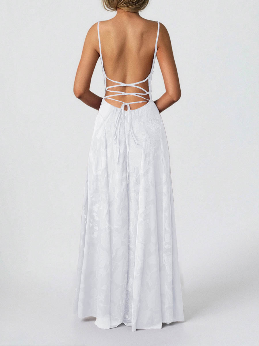 A-Line High Waisted Jacquard Pleated Solid Color Spaghetti-Neck Maxi Dresses