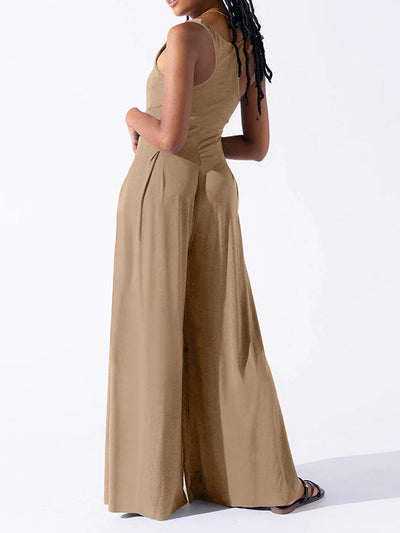 Loose Sleeveless Pleated Solid Color Spaghetti-Neck Jumpsuits