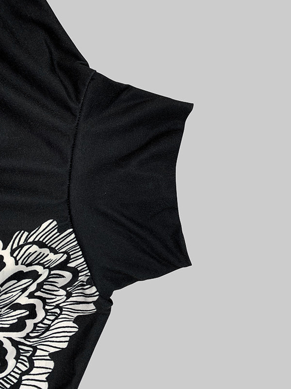 Batwing Sleeves Loose Asymmetric Floral Printed Split-Joint High Neck T-Shirts