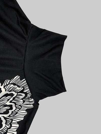 Batwing Sleeves Loose Asymmetric Floral Printed Split-Joint High Neck T-Shirts