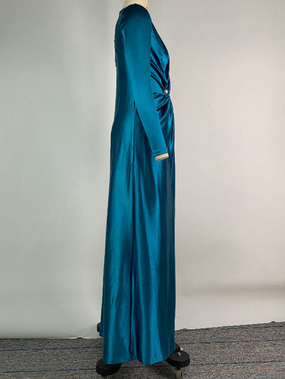 Solid Color Bodycon Long Sleeves Pleated  Split-Front Tied Waist Deep V-Neck Maxi Dresses