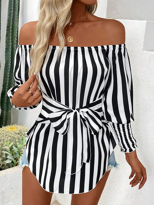 Long Sleeves Loose Contrast Color Elasticity Split-Joint Striped Tied Waist Off-The-Shoulder Blouses&Shirts Tops