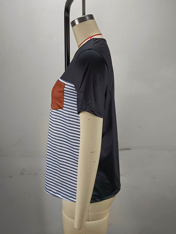 Loose Short Sleeves Split-Joint Striped Round-Neck T-Shirts Tops