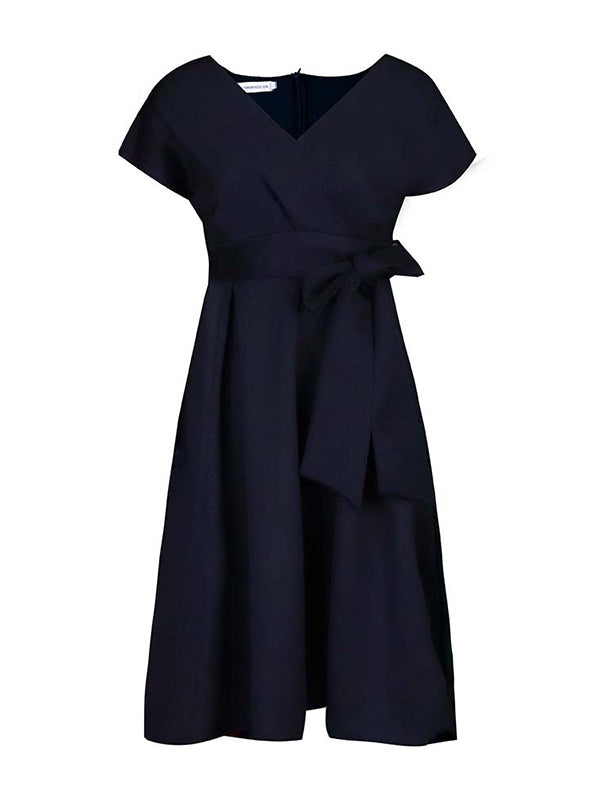 Bowknot Lace-Up Solid Color V-Neck Midi Dresses