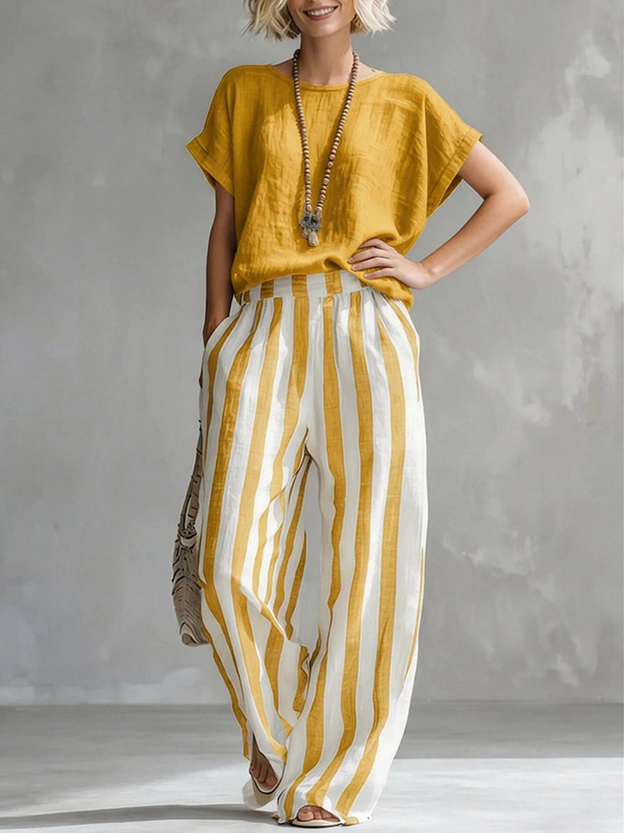 Plus Size Solid Color Round-Neck T-Shirts + Striped Pockets Contrast Color High Waisted Pants Trousers Two Pieces Set