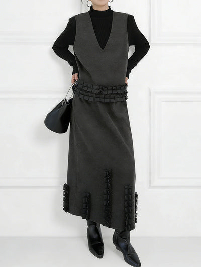 Contrast Color Ruffled Split-Joint V-Neck Vest Top + Elasticated Waist High Waisted Pleated Skirts Bottoms Two Pieces Set