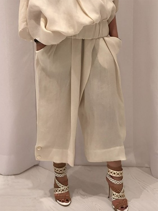 Loose Wide Leg Buttoned Solid Color Casual Pants Bottoms Trousers