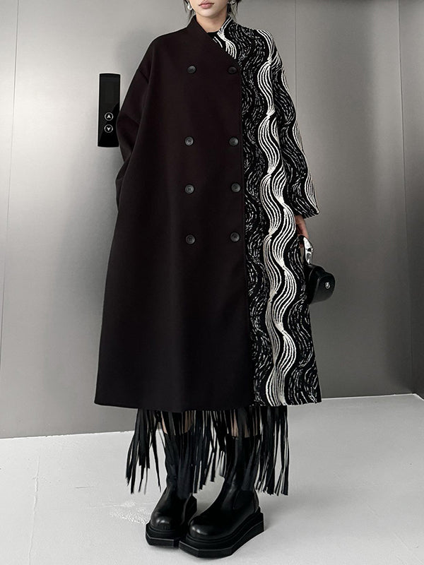 Long Sleeves Loose Buttoned Contrast Color Pockets Stand Collar Woolen Coat