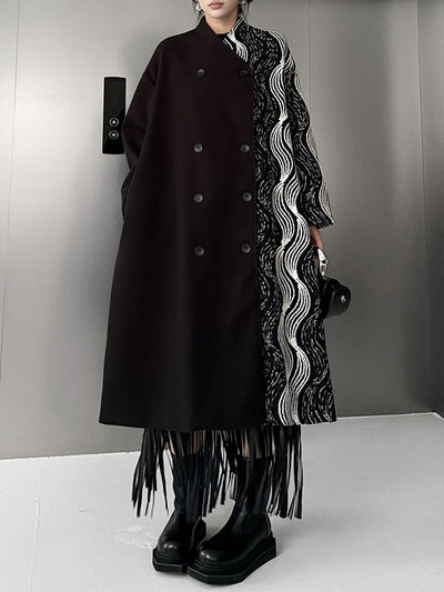 Long Sleeves Loose Buttoned Contrast Color Pockets Stand Collar Woolen Coat