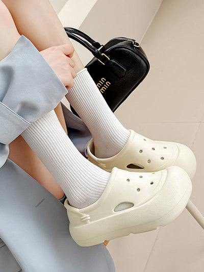 Hollow Round Cut Solid Color Crocs Platform Shoes Sandals