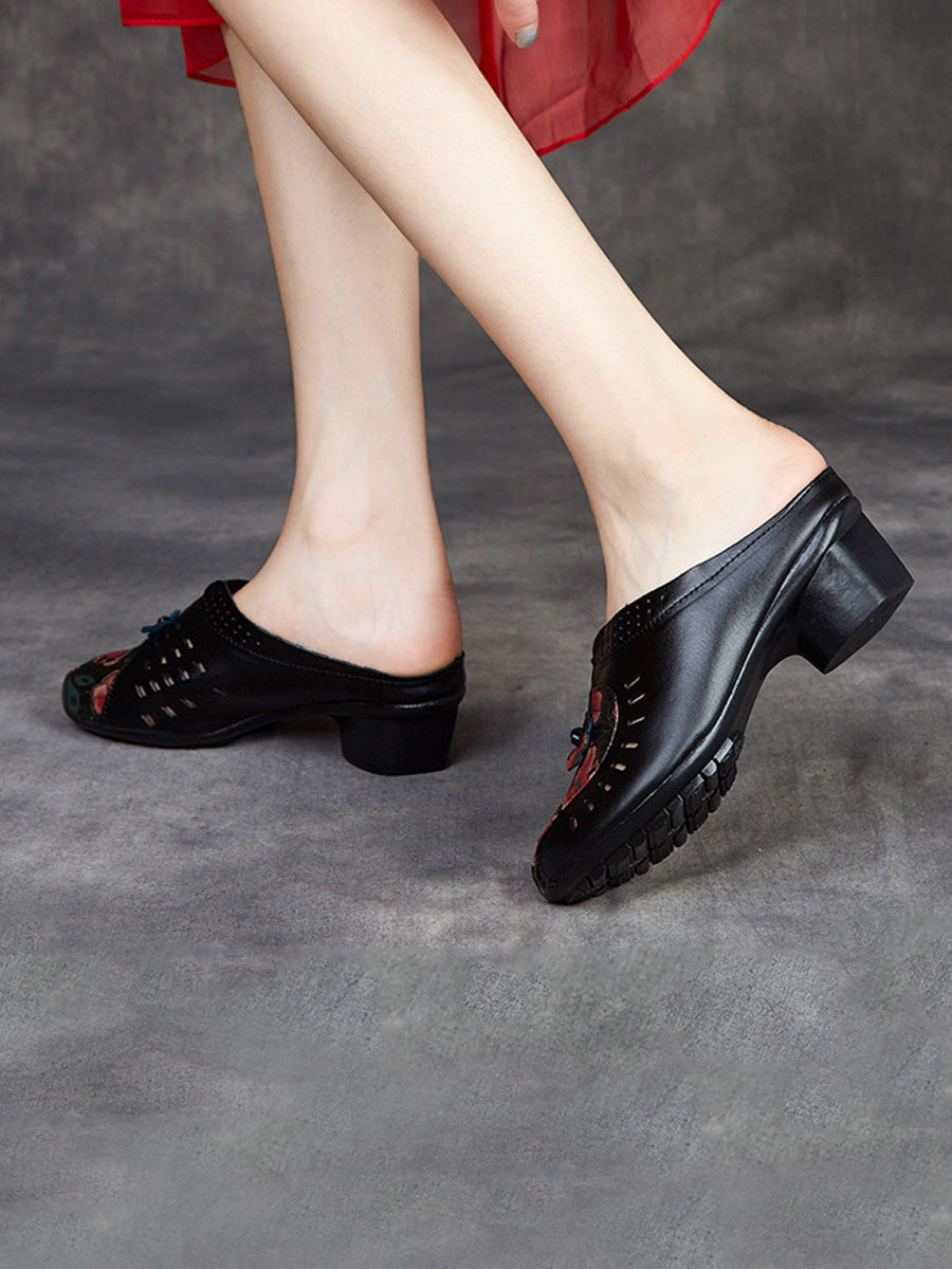 Women Summer Ethnic Flower Leather Spliced Mid Heel Slippers